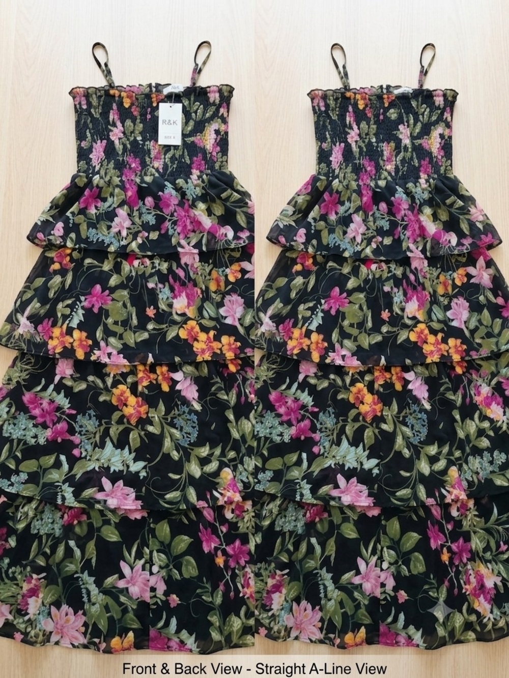 R&K Girls' Black Floral Tiered Sundress - Pink & Green Print